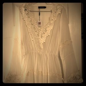 Boho White V Neck Dress W/ Lace Edges